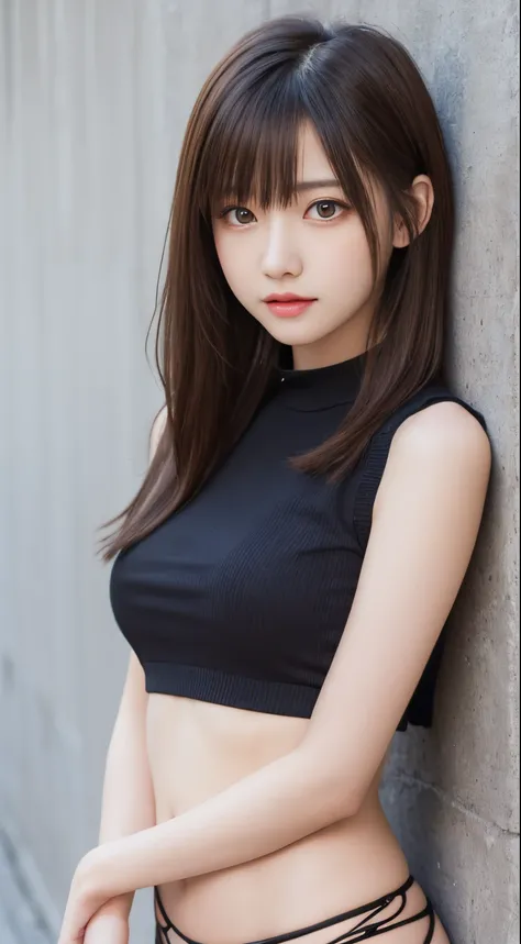 masutepiece, Best Quality, One girl, (Beautiful Girl:1.3), (16 years old:1.2), Very fine eye definition, (Symmetrical eyes:1.3), NSFW, (Cute sleeveless:1.3), Beautiful breasts, Brown eyes, Parted bangs, Brown hair, Upper teeth、Background outdoor