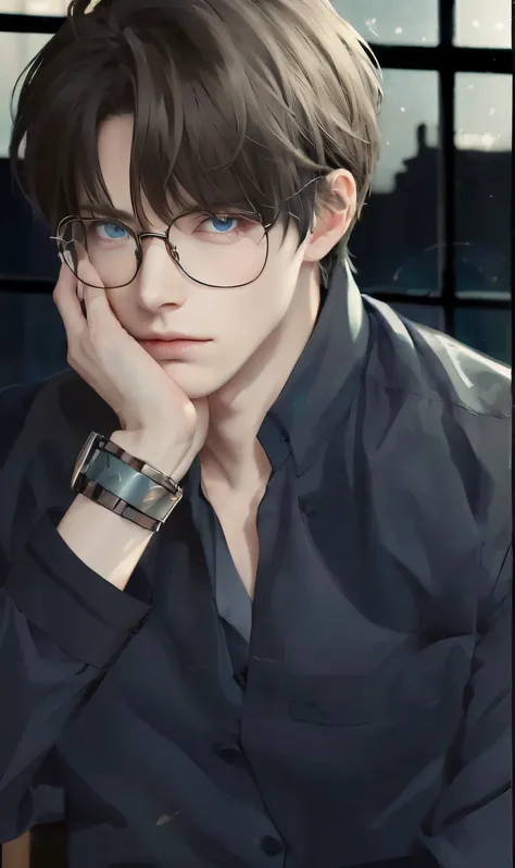 boy with glasses and a watch sitting in front of a window, handsome man, handsome pose, tall guy with blue eyes, portrait of a handsome man, delicate androgynous prince, male anime style, high quality fanart, beautiful androgynous prince, he wears an eyepa...