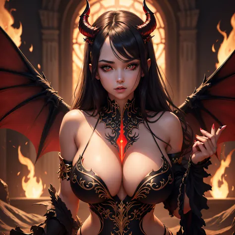 absurdres, highres, ultra detailed, 1girl, eyeliner, red glowing eyes, huge breasts, sideboob, narrow waists, golden details, bare shoulders, cleavage, demon wings, horns, detail background, FireMagicAI, detailed, intricate,