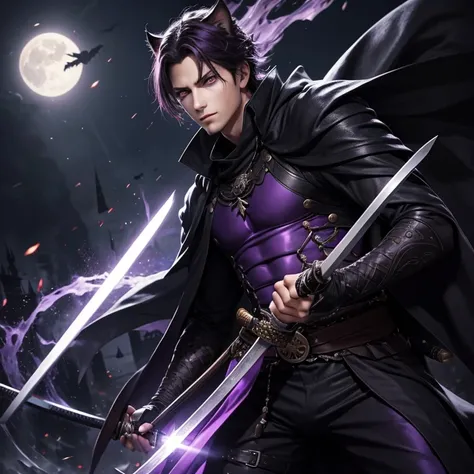 junger ,gutausehender, erwachsener Mann mit schwarzen langen glatten Haaren, cat-like purple eyes, Cool look, Demon King, Katana in der Hand