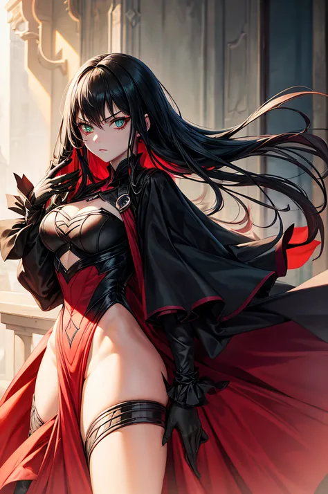 "Describe the facade of a woman who presents herself as malevolent but harbors hidden vulnerabilities. What lies beneath the mask of evil, and is redemption possible? big green eyes red and black outfit