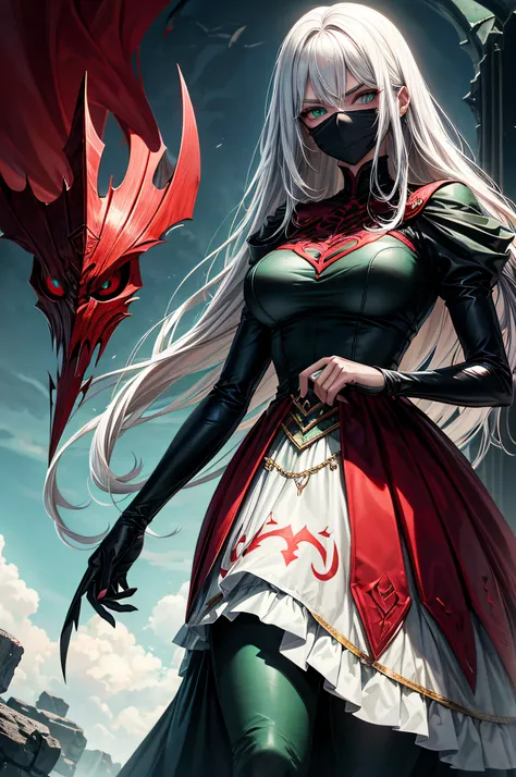 "Describe the facade of a woman who presents herself as malevolent but harbors hidden vulnerabilities. What lies beneath the mask of evil, and is redemption possible? big green eyes red and black outfit