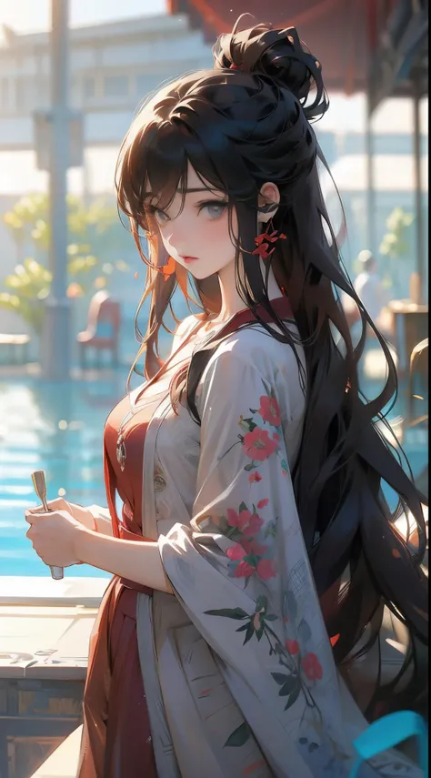 anime style, young swert adult women drinking tea in club pool, ethinik random, wears random, hair random,