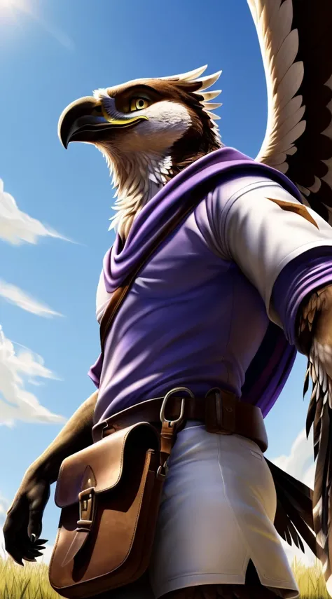 ((solo, three-quarters perspective, masterpiece, chest level shot, standing, (anthro), facing viewer, focused expression, high resolution, 4K)), male, adult, ((hawk-face, detailed feathers, fully feathered body, extremely detailed, slender build, three-ton...