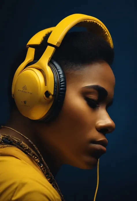 side profile of a figure with a vibrant yellow head, full body photo, adorned with sleek, over-ear headphones against a deep blue backdrop, posing in studio photography, UHD