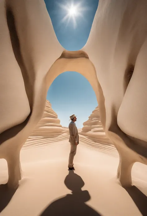 Photorealistic image of a man standing in a desert, with a blue sky and bright white sands. The style captures the essence of fragmented bodies and chrome reflections, creating a sense of 8k high-resolution visions. The composition merges photorealism with...