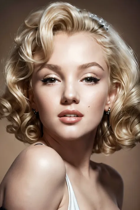 (masterpiece),8k, ultra high quality, ((20 yo) marylin monroe) with (((((small)))+lips)), ((perfect+((small))+(rounded)+nose+(sm...