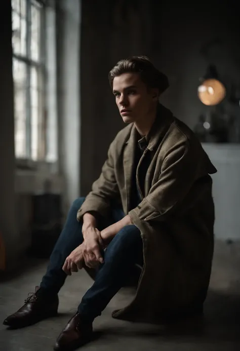 photo of a stylish male model wearing a large, oversized baggy denim costume, sitting down casually. The setting is a professional high fashion photography studio, emphasizing the unique fashion sense and the denims texture. The image should be photorealis...