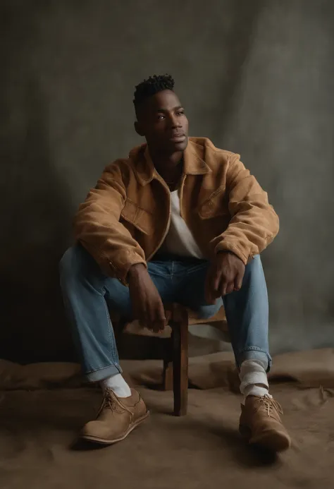 photo of a stylish male model wearing a large, oversized baggy denim costume, sitting down casually. The setting is a professional high fashion photography studio, emphasizing the unique fashion sense and the denims texture. The image should be photorealis...