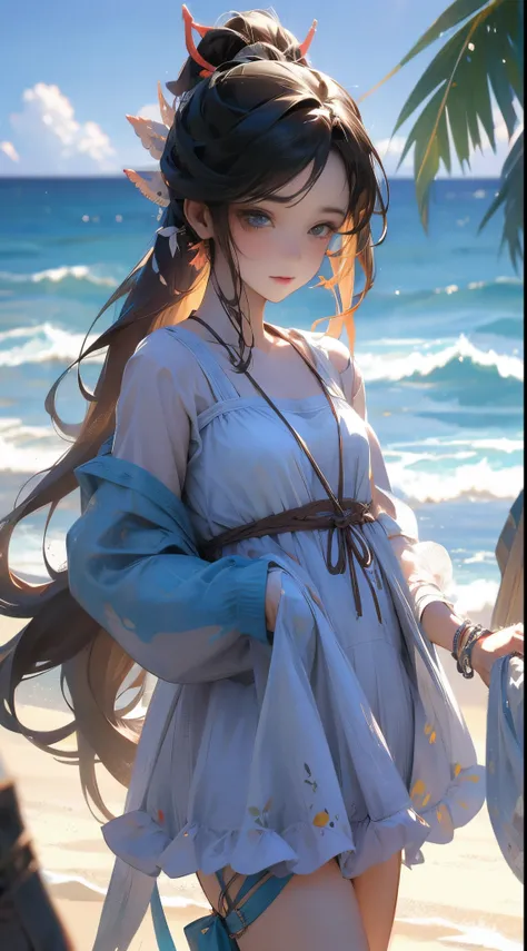 estilo anime, jovens mulheres adultas swert bebendo water na beach, random ethinic, usa beach wear aleatoriamente, random hair,