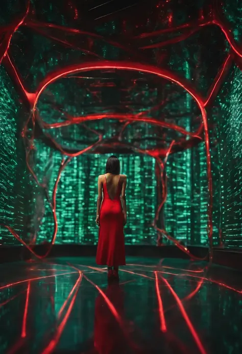 full body photography, Cybernetic thai supermodel in red dress immersed in a Matrix-like digital environment, looking at camera, featuring cascading binary codes and green glitch effects, octane render, unexpected elements, 4k