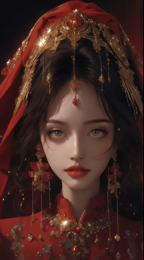 a close up of a woman wearing a Red jewel veil and a gold head piece, stunning digital illustration, 4k highly detailed digital art, beautiful digital artwork, arabian beauty, beautiful digital illustration, 8k stunning artwork, 8k high quality detailed ar...