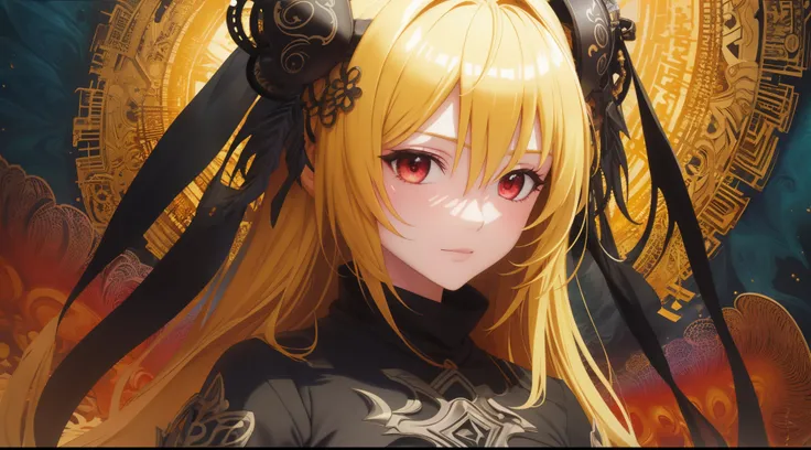 yami the golden darkness, long yellow hair, intricate black dress, cute red eyes, (masterpiece, top quality, best quality, offic...