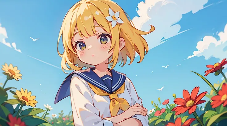 1 girl, sailor suit, blond hair, flower garden, summer sky