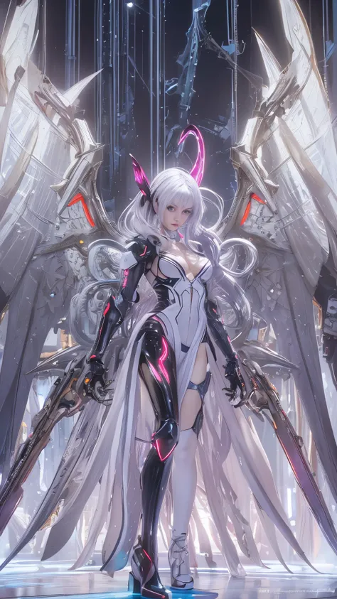 (((Full Body Shot)))、(((Full Body Shot)))、(((Full Body Shot)))、top-quality、​masterpiece、A high resolution、(Photorealsitic:1.4)、RAW photo、Battle Cyborg Angel、large wings made of metal、White porcelain body、Acrylic Clear Cover、white  hair、glowy skin、1 Cyborg ...