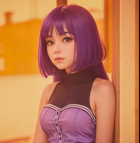 A realistic purple haired girl,(same realistic hairstyle), realistic pretty+cute face, realistic cool expression, adapt the same realistic clothes,realistic big chest, realistic evening light, realistic shadows, realistic background, good image quality, ve...