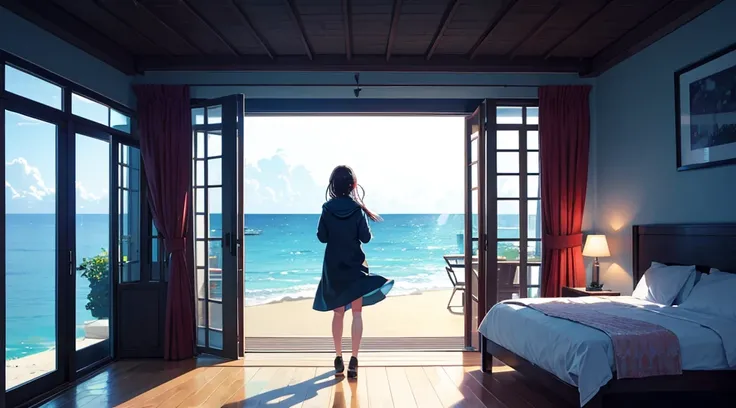 1 girl, chill out, dim room, sea is outside the window