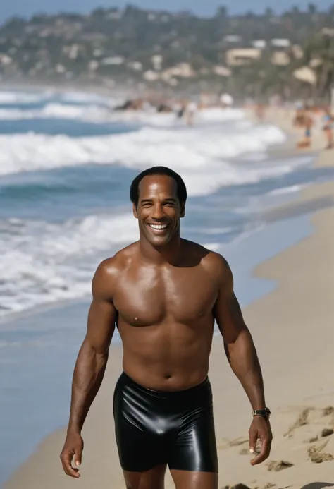 A photo of Simpson learning to surf at a beautiful beach,original,O.J. Simpson, “The Juice”,  a former American football star, had a commanding athletic build, standing at 6’1” with a strong, muscular frame indicative of his years as a professional athlete...