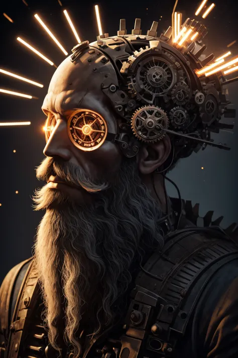 Human Brain Being Reprogrammed to Forget Addictions, through gears and motors on a male head with long beards, In a confusing and mysterious environment with lights that connect the brain to the universe Top image