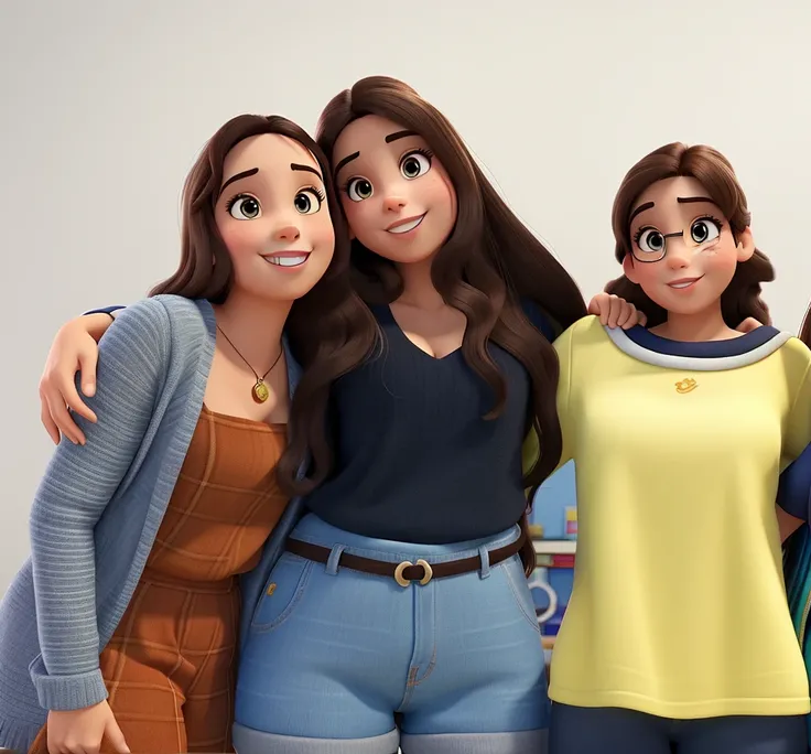 Three brunette women Disney Pixar style, alta qualidade, melhor qualidade, pano de fundo biblioteca