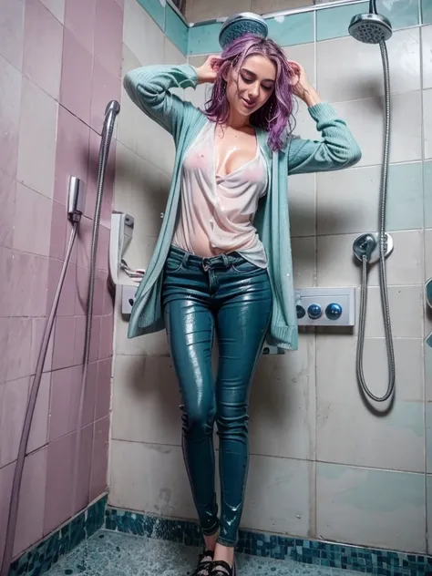 ((woman taking a shower in very tight low cut mint green blouse and very long light grey cardigan sweater and purple skinny jeans and black flat shoes)), ((wet hair)), soaking wet, SoakingWetClothes, ((standing under the shower head)), (((show shoes))), in...