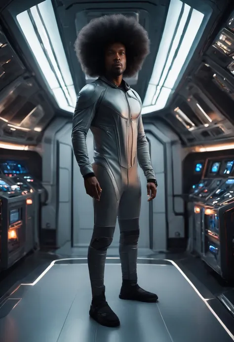 A photo of the character dressed as a futuristic space explorer, standing with a confident pose in front of a large spaceship set,original,He is a black man with a large Afro. He likes to wear gray sweatpants and no shirt.