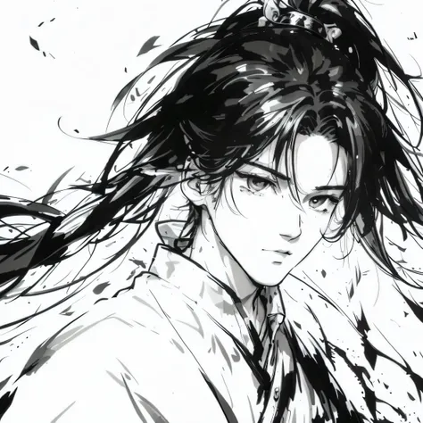 Japanese cartoon, Black and white, girl, the hair, Japanese cartoon, anime artsyle, Handsome guy in the art of slaying demons, anime handsome man, Anime tribal rapunzel boy, black and white manga style, author：Hero, inspired by Guan Daosheng, G Liulian art...