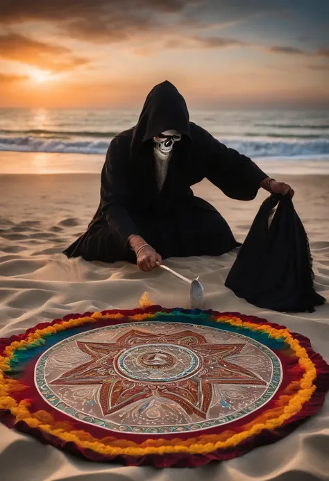 A photo of the grim reaper arranging a unique and intricate sand mandala on the beach,original,grim reaper