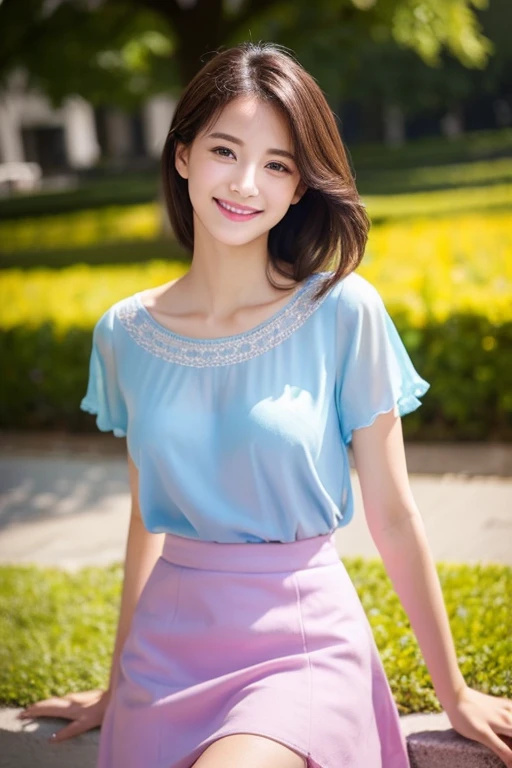 Beautiful woman with good eyes and nose、Beautiful as a model、Cute like a model、Eyes are double、How to use regular mascara、Eye color blue、Hair color pink、her face is delicate and elegant.、imagem 4k、Beautiful style like a model、Ordinary large、A refreshing an...