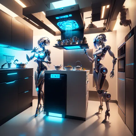 (Futuristic kitchen,Refrigerator with robotic arm,Mechanical joint，Refrigerator robotic arm is creating delicious meals，Epic surreal art style,Epic sci-fi art style,Epic digital fantasy illustrations,epic mythology art style,Epic futuristic art style,steam...