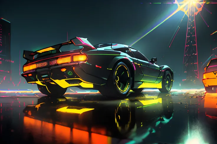 (intrincated details:1.5), (photorealistic), (masterpiece), (photography),  cinematic lighting, (hyperrealistic:1.2), 8K, 300mm
vehicle focus, cyberpunk sports car, cyberpunk garage, ground vehicle, motor vehicle, , scenery, solo, night time, wide tyres, a...