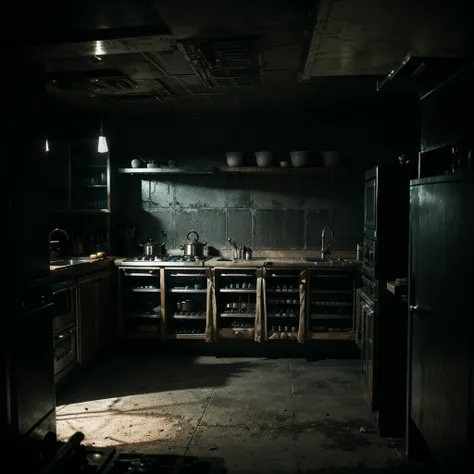 scary kitchen and kitchen equipment in the style of the film "Aliens" directed by James Cameron, kitchen in the style of a den of xenomorphs, cinematic photography, cinematic lighting, high detail, terrible atmosphere