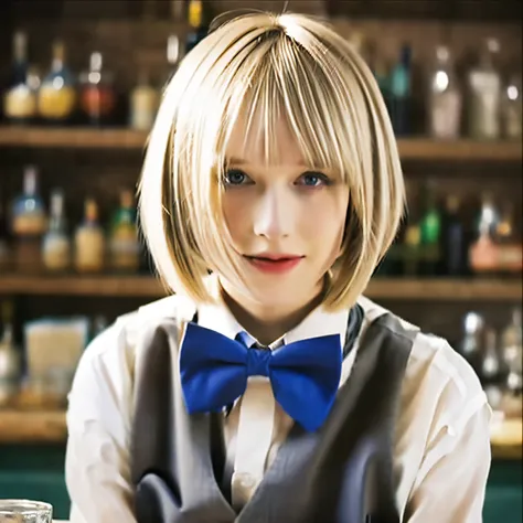 Bartender girl, bowtie, vests, Blonde Bob Cut Hair