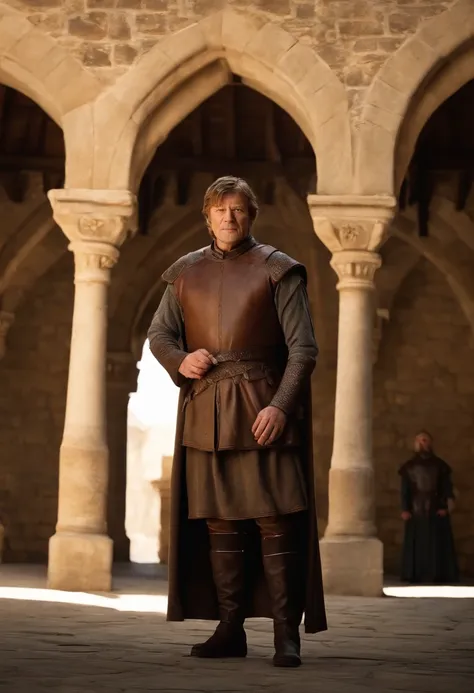 A photo of Ned standing in the castle courtyard, overseeing the training of young squires,Game of Thrones TV series,Ned is an older man with light brown hair streaked with grey, wears plain leather tunics, famously portrayed by Sean Bean