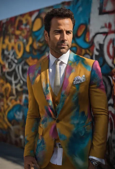 Ari stands in front of a massive graffiti mural, with a spray paint can in hand and an intense expression.,Entourage,Ari Gold, the fictional talent agent from “Entourage,” is known for his sharp, polished appearance, often seen in designer suits that compl...