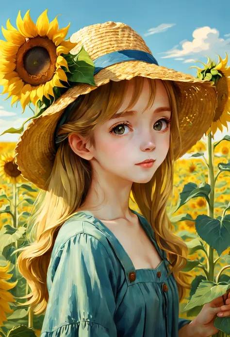 cute girl with sunflowers in her hair and a straw hat, beautiful sunflower a girl, artwork in the style of vincent van gogh, cle...