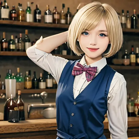 Bartender girl, bowtie, vests, blonde bob cut hair