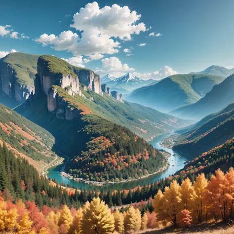 greener and rounded mountains with signs of autumn, interspersed between larger and smaller sizes, with a rushing river with a mixed tone of light blue and dark blue forming a U-shaped curve, a bright light blue sky, without clouds and with a balanced clar...