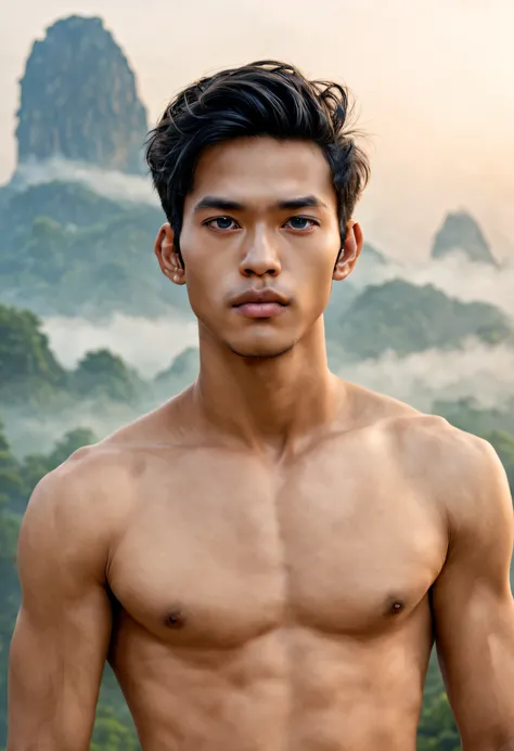 (ultra-realistic, highres ,best quality, masterpiece:1.2), portrait waist up view, 18-year-old Thai male with blue mists surrounding him, heavy mist in background, detailed facial features, detailed eyes, detailed hands, long eyelashes, no facial hair, you...