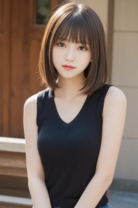 masutepiece, Best Quality, One girl, (Beautiful Girl:1.3), (16 years old:1.2), Very fine eye definition, (Symmetrical eyes:1.3), NSFW, (Cute sleeveless:1.3), Beautiful breasts, Brown eyes, Parted bangs, Brown hair, Upper teeth、Background outdoor