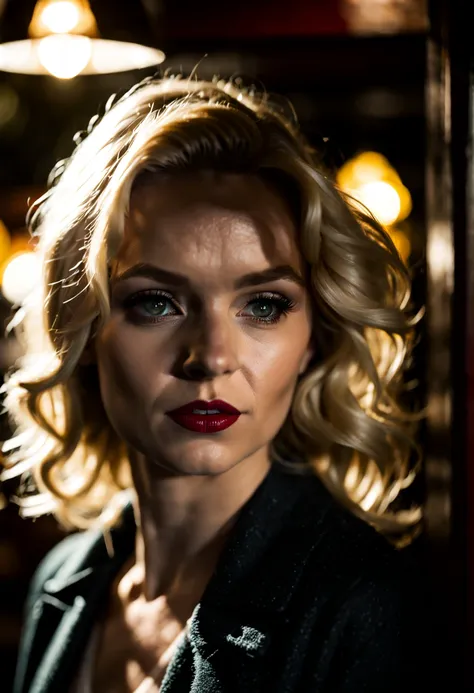 in the style of nklnor, film-noir, blonde woman,pub, (soft light beam on her eyes), high quality, dslr, Fujifilm XT3, qhd,