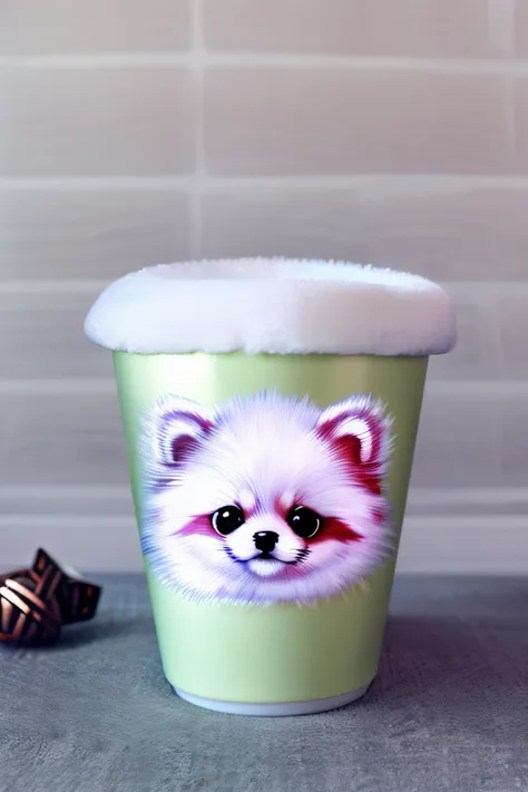 pomeranianpuppy In a white cup, the color of the dog is white, very soft and woolly, tiny and cute