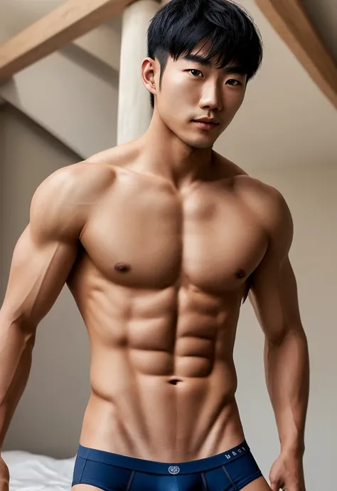 Realistic handsome Japanese guy, 18 years old, shirtless with black short hair, defined muscles, detailed face, tight short boxer-briefs, tight underwear, briefs, tight