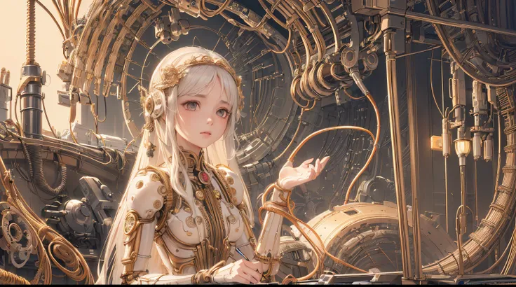 (((masterpiece))), (((best quality))), ((ultra-detailed)), (highly detailed CG illustration), ((an extremely delicate and beautiful)),(cute delicate face),cinematic light,((1mechanical girl)),solo,full body,(machine made joints:1.4),((machanical limbs)),(b...