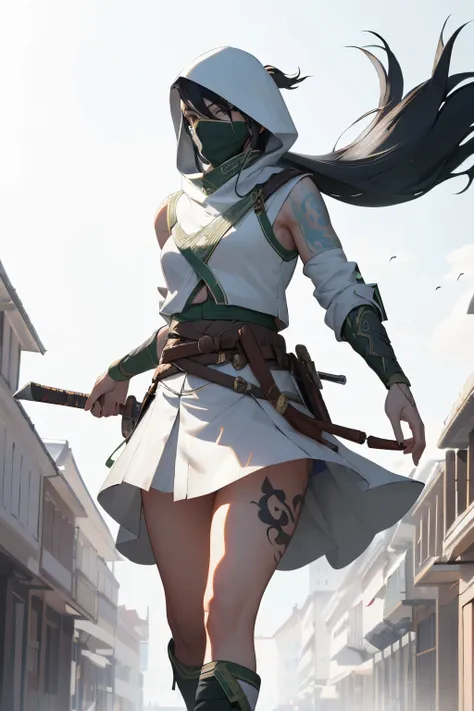 (best quality at best,4k,8k,a high resolution,tmasterpiece:1.2), akali, 1girl, long_sleeves,white hood,white short skirt,,tattoo...