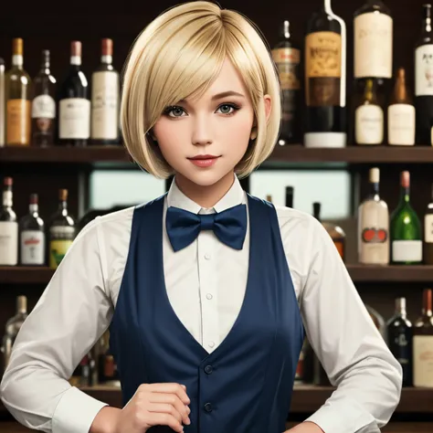 Bartender girl, bowtie, vests, blonde bob cut hair, masterpiece, best quality