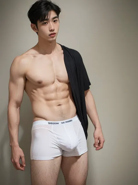 Realistic handsome Japanese guy, 18 years old, with black short hair, wear tight white short boxer-briefs, tight underwear, briefs, white underwear