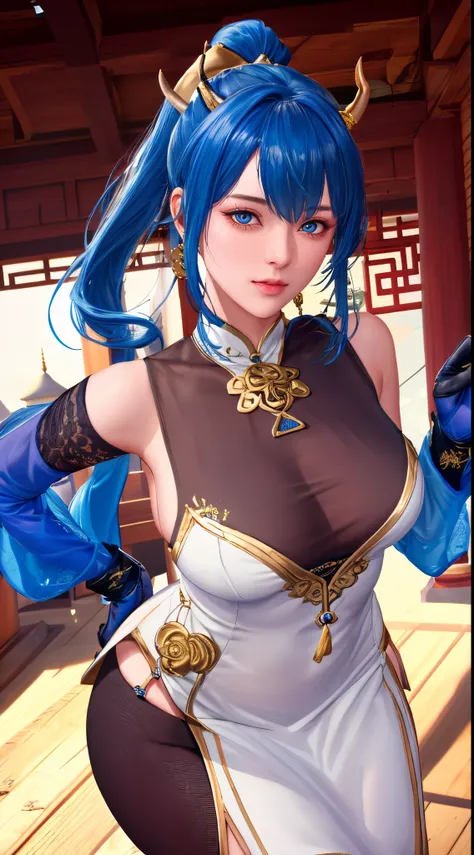 Ganyu girl，Blue hair,（（（blue long hair，Long hair tied into a ponytail on the back of the head，Natural sagging。Dull hair on top of head，There are two small black and red unicorn horns on both sides of the head..........。A golden cowbell hangs from the stand...