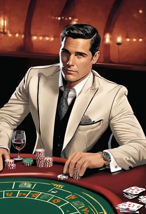 A photo of Roman at a high-stakes poker table,original,Roman Roy, from the TV series “Succession,” often presents a disheveled yet stylish look, reflecting his mix of casual indifference and corporate lifestyle, typically seen in designer suits worn with a...