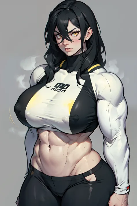 girl (1girl muscular grey background pale skin bodybuilder huge breasts toned body thin waist) black hair yellow eyes straight hair sweaty hair between eyes skintight